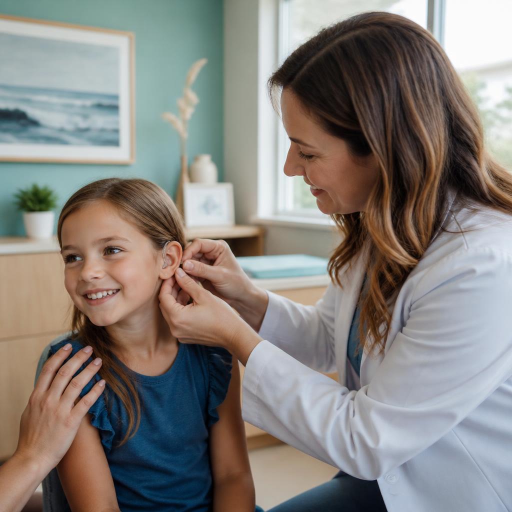 Audiologist gently fitting a hearing aid on a smiling young child in a coastal-themed office
