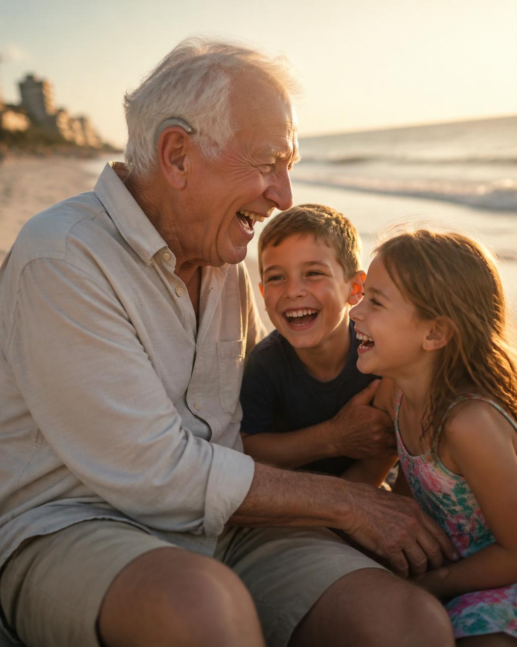 Grandfather wearing a hearing aid laughing with grandchildren on a Florida beach