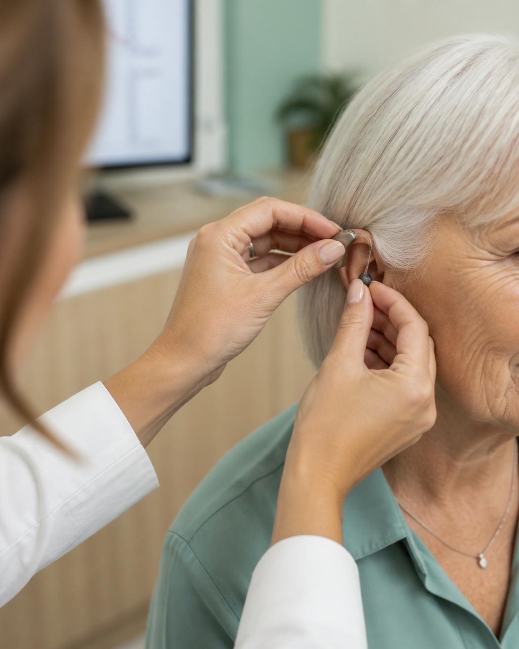 Audiologist gently fitting a hearing aid for a patient